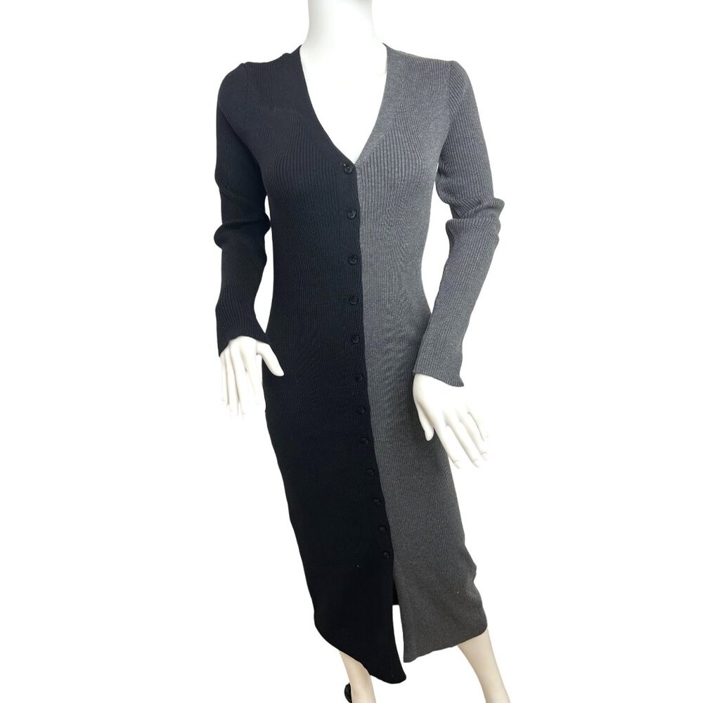 Nanette Lepore Sweater Dress S Black Grey Midi Ribbed Long Sleeve Button Down V-